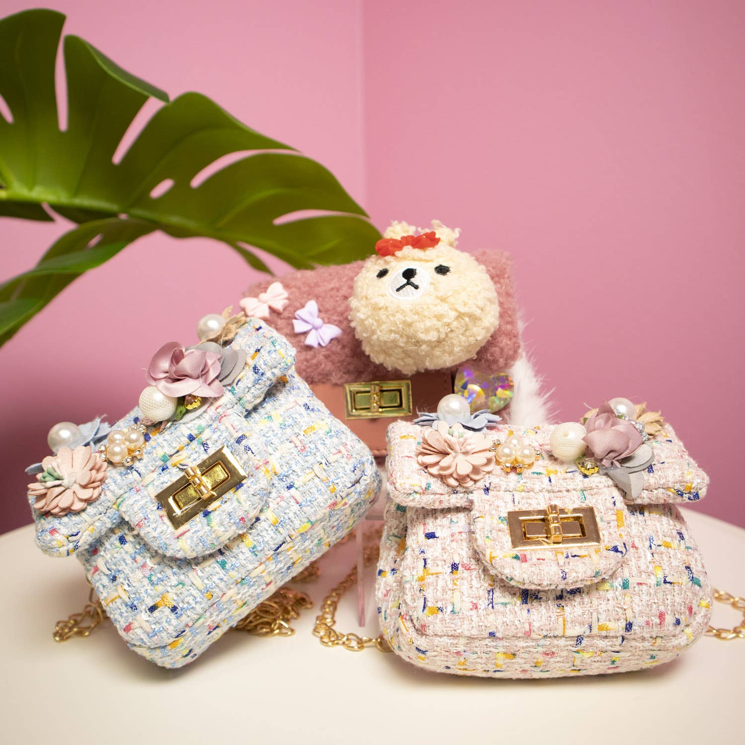Mini Tweed Pearly Florals Crossbody - Pink