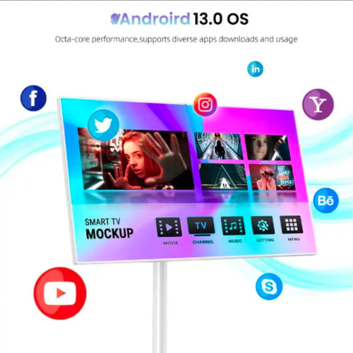 21.5 Inch Touchscreen Portable Smart TV — Rotatable Outdoor TV with 5MP Camera & Adjustable Floor Stand